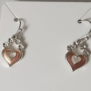 Lovely Silvertone and Rise Gold Colored Heart Earrings With Rinestones BRAND NEW
